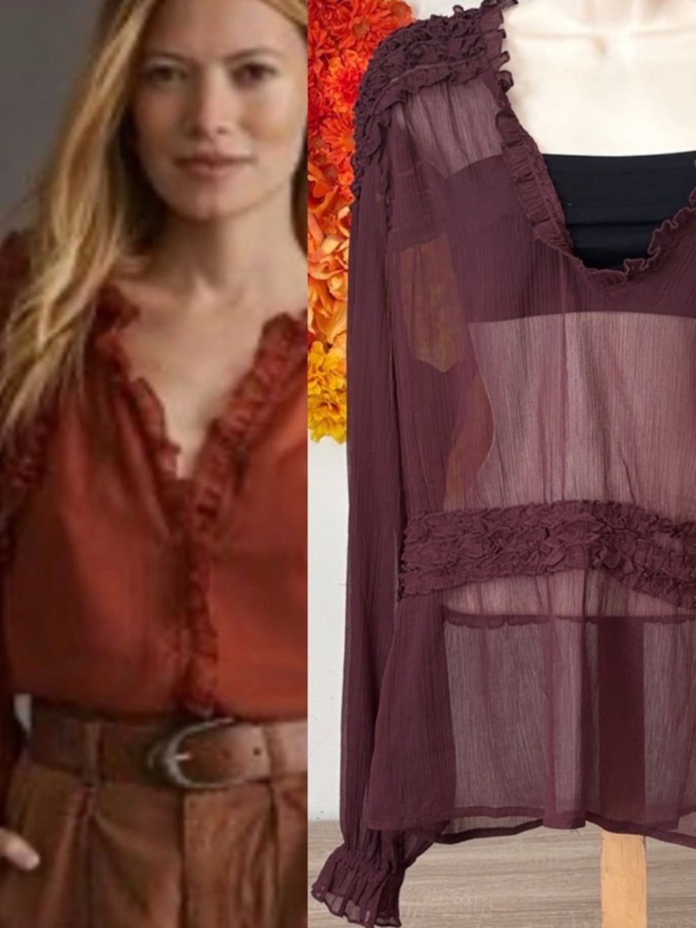 Anthropologie sheer ruffled blouse in deep plum